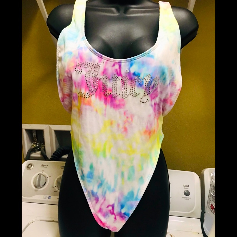 Juicy one piece bathing suit - tie dye with Crystal looking Juicy emblem L - Picture 1 of 7